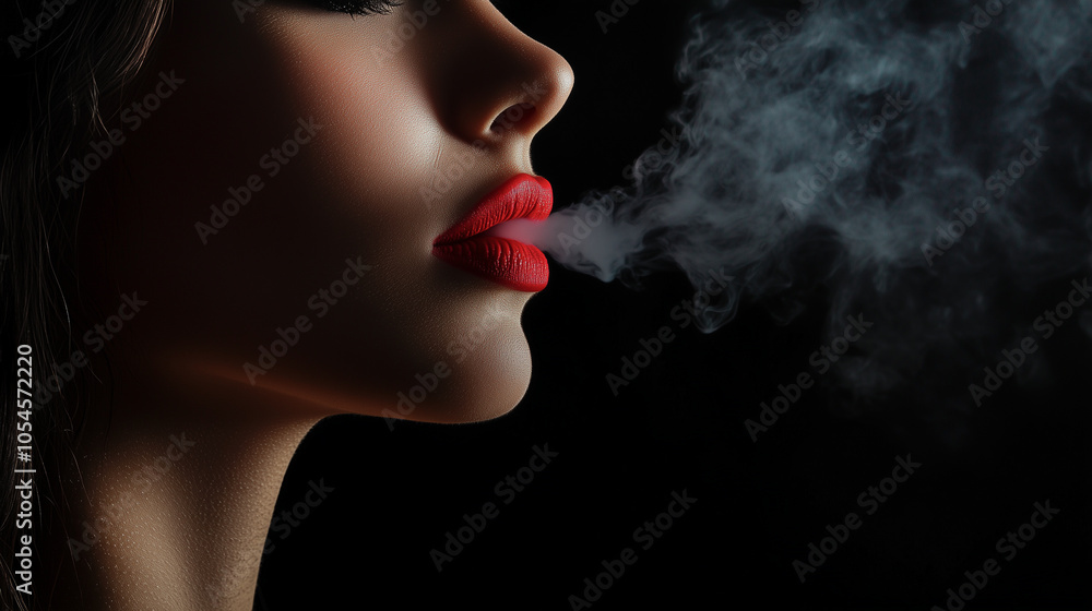cropped close up profile of sexy woman with red lips exhaling cigarette smoke on black background with copy space. cropped close up profile of sexy woman with red lips exhaling cigarette smoke on black background with copy space.