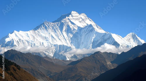 Snow-capped Mount Everest rises above a valley of brown hills