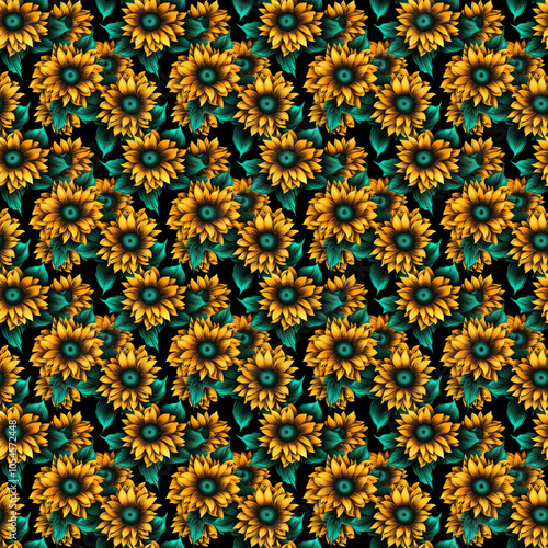 Neon Sunflower Seamless Pattern with Vibrant Yellow and Teal Flowers