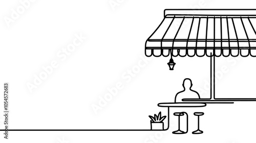 One continuous line illustration of a café with outdoor tables, isolated on white background.
