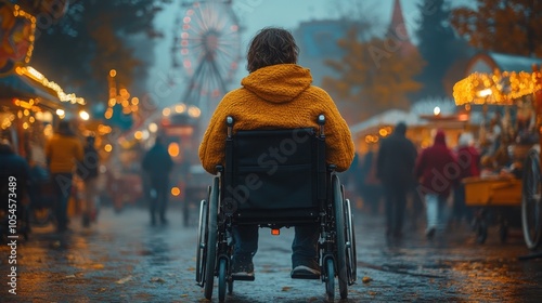 A wheelchair user enjoys the festive atmosphere at a lively country fair on a rainy evening photo