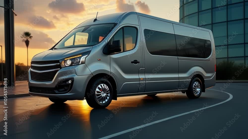 Modern van at sunset in an urban setting showing modern design Modern van at sunset in an urban setting showing modern design