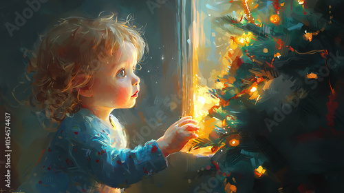 A young girl in a blue sweater gazes in wonder at a lit Christmas tree