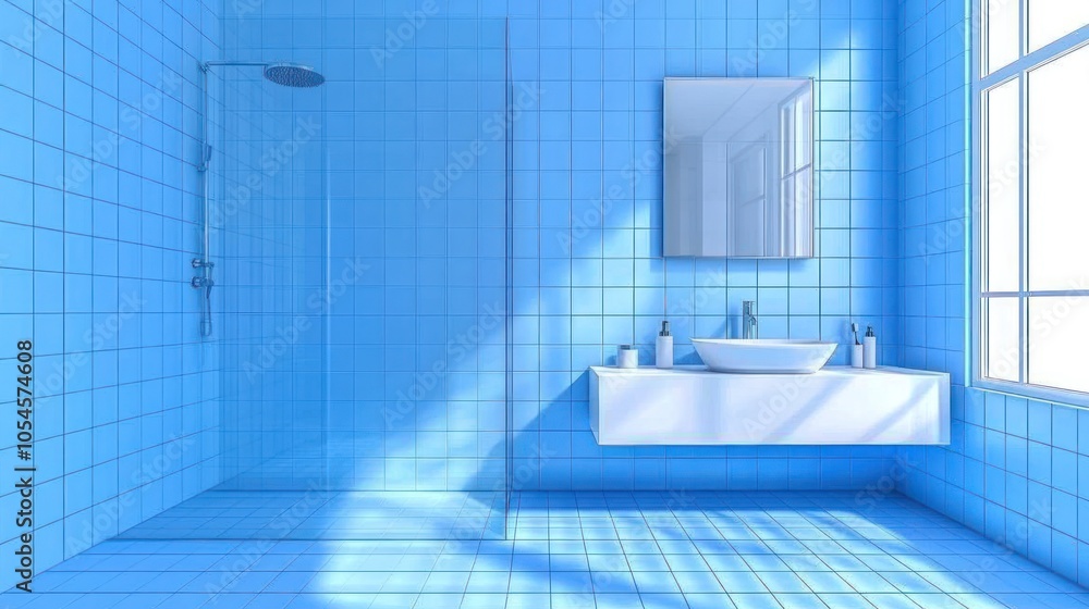 Modern blue bathroom with shower, sink, and window.