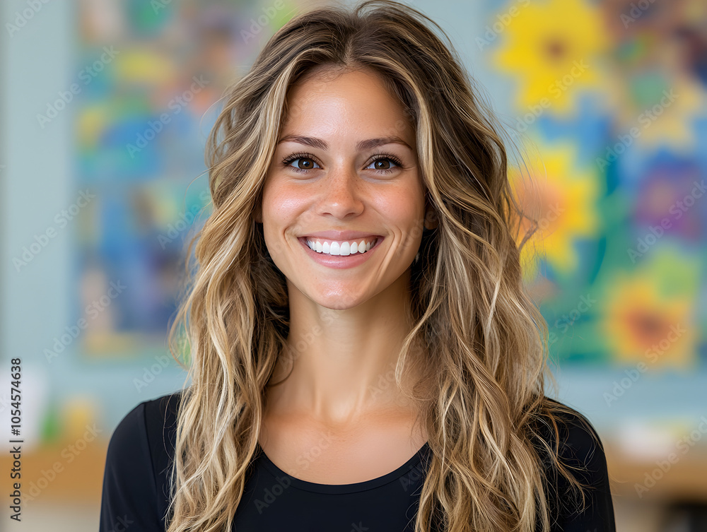 Obraz premium Smiling Woman Portrait in Natural Light with Joyful Expression and Colorful Background
