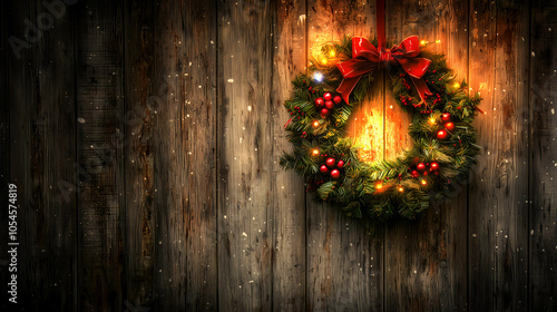 A Christmas wreath with red berries and lights hangs on rustic wooden door photo