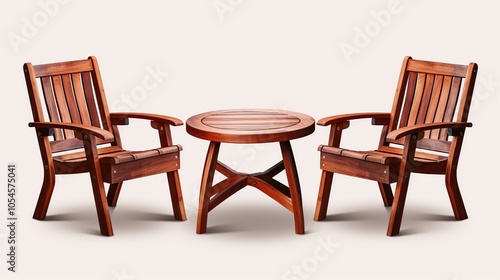 A wooden table and two chairs, isolated on a white background.