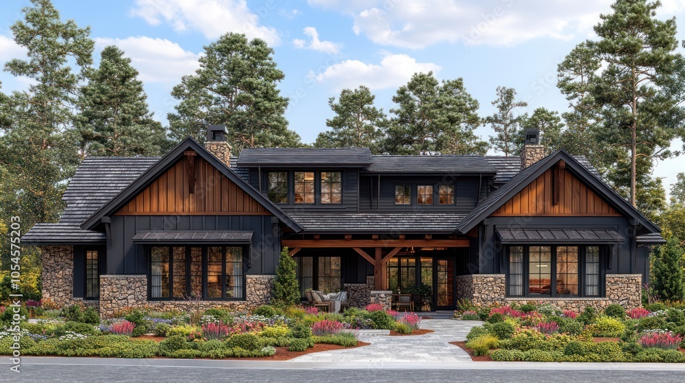 Modern farmhouse with black exterior, stone accents, and a large front porch. Modern farmhouse with black exterior, stone accents, and a large front porch.