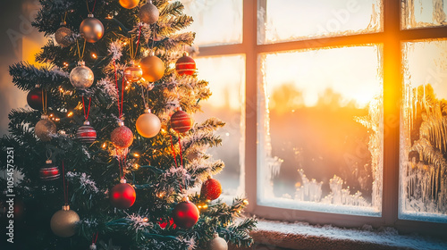 Wallpaper Mural A Christmas tree decorated with ornaments stands by a frosted window with the sun shining through Torontodigital.ca