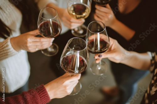 People toasting wine glasses in a joyful celebration, smiling faces and elegant attire, with colorful party decorations in the background.