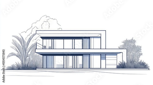 Modern Architectural Design of a Sleek Two-Story House with Lush Landscaping