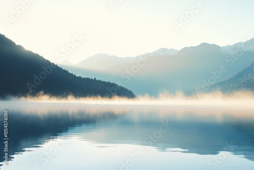 A serene mountain lake with mist rising from the water at dawn, Lake scene, Misty style