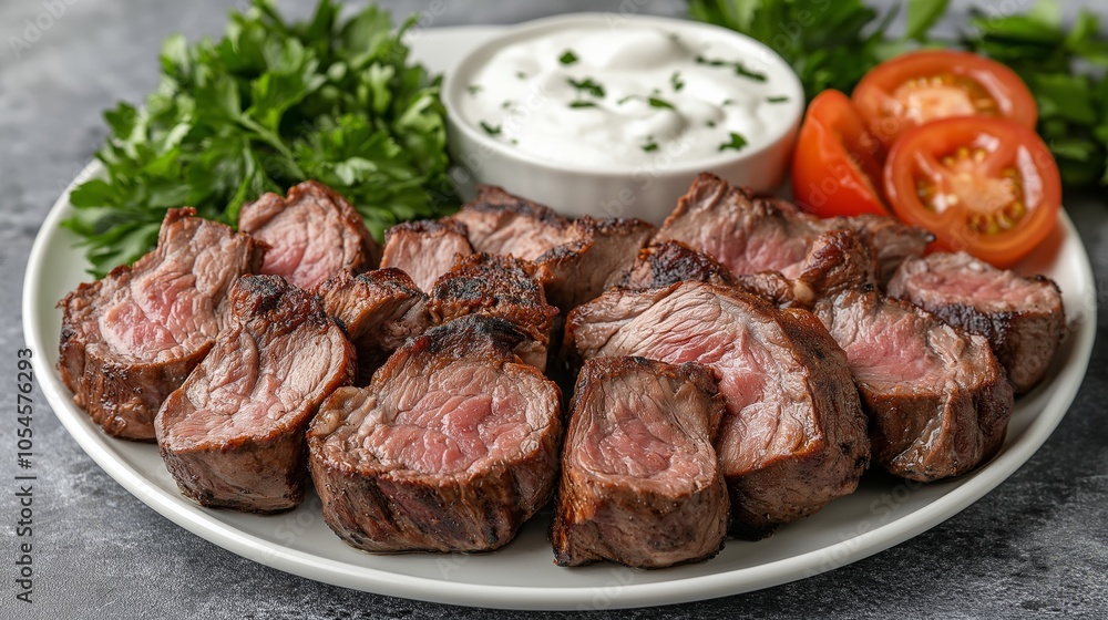 A platter of sliced smoked lamb, garnished with fresh parsley, served with a bowl of sour cream and slices of tomato A platter of sliced smoked lamb, garnished with fresh parsley, served with a bowl of sour cream and slices of tomato