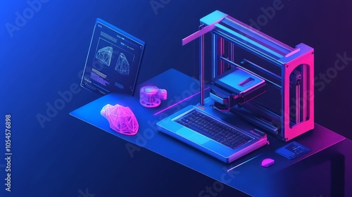 Futuristic 3D Printer Setup with Digital Interface and Abstract Objects
