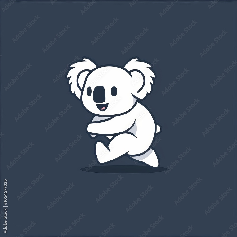 Naklejka premium A cute cartoon koala with a big smile runs across a dark blue background.