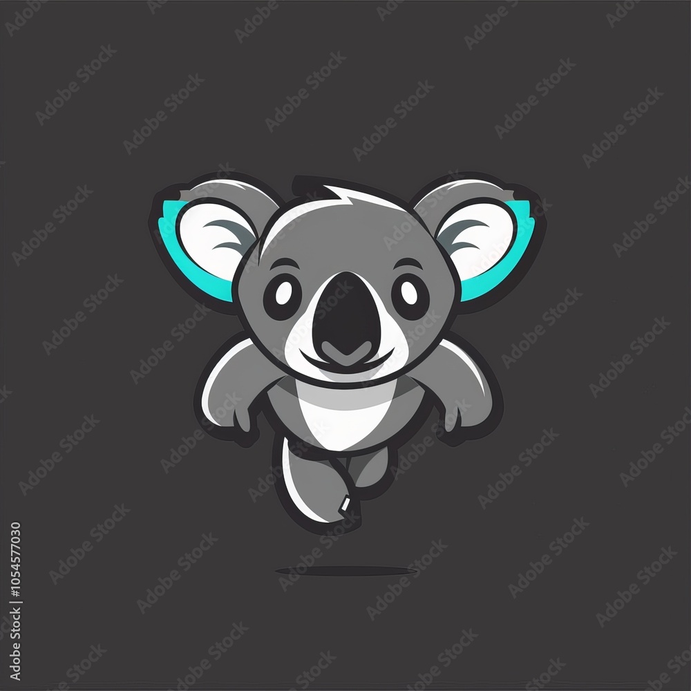 Fototapeta premium Cute cartoon koala with blue ears, jumping in mid-air with a big smile.