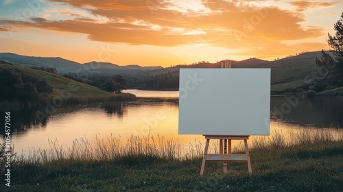 An outdoor scene with a large blank canvas on an easel photo