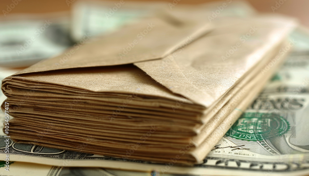 Stack of Brown Envelopes for Money on One Hundred Dollar Bills Background, Business Concept Stack of Brown Envelopes for Money on One Hundred Dollar Bills Background, Business Concept