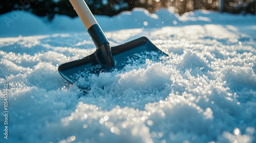 close up of snow shovels blade cutting through fresh, sparkling snow, capturing beauty of winter. glistening ice and snow create serene and tranquil atmosphere