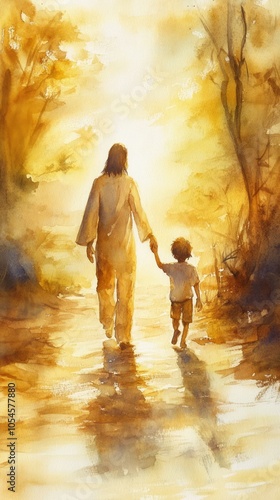 Serene Journey of Faith: Walking Hand in Hand in a Luminous Landscape