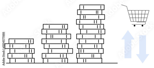 Black and white stacks of coins increasing in height with a shopping cart and up and down arrows. Ideal for financial growth, savings, investment, shopping trends, and economic analysis. Minimalist