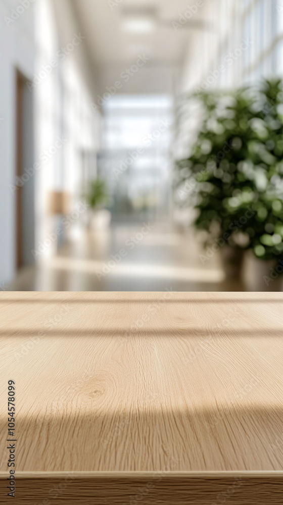 Light wood countertop with a blurred school hallway in the background. Neutral product mockup for school or office supplies. Vertical social media banner with copy space Light wood countertop with a blurred school hallway in the background. Neutral product mockup for school or office supplies. Vertical social media banner with copy space
