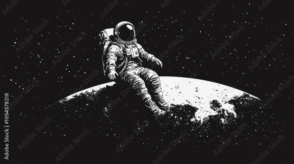An astronaut sitting on the surface of a celestial body, surrounded by stars in a dark space background An astronaut sitting on the surface of a celestial body, surrounded by stars in a dark space background