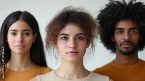 Three young adults with diverse hairstyles and skin tones stand close together against a neutral background