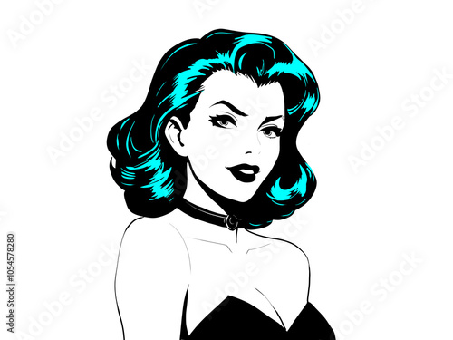 Black and white retro portrait illustration woman in black hair comic book style