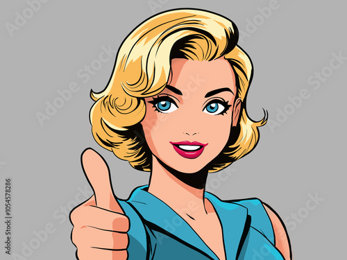 Colour retro portrait illustration woman in blonde hair thumb up sign comic book style