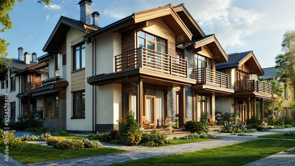 A row of modern homes with balconies and lush landscaping are situated on a sunny day A row of modern homes with balconies and lush landscaping are situated on a sunny day