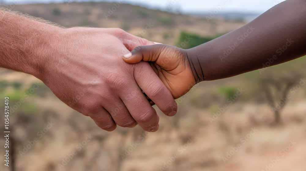 Two hands of different ethnicities clasped in unity against a blurred natural background, AI Two hands of different ethnicities clasped in unity against a blurred natural background, AI