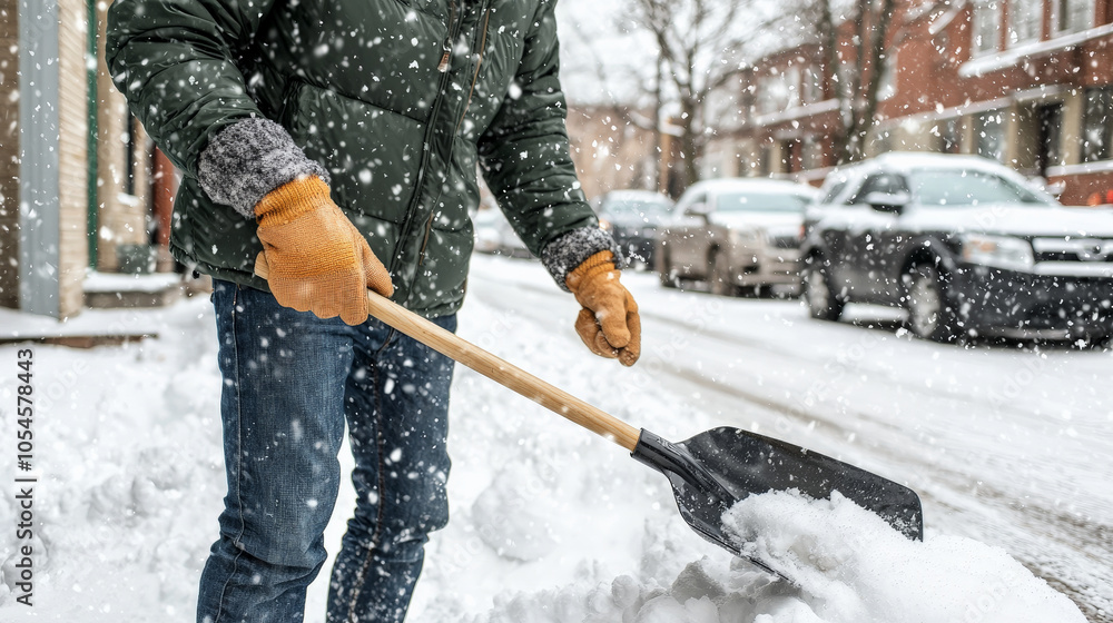 Naklejka premium person wearing winter jacket and gloves is shoveling snow on snowy street, surrounded by parked cars. scene captures effort and determination in winter weather