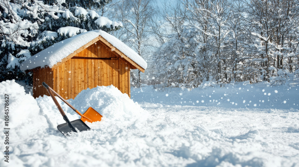 rustic shed surrounded by winter wonderland, filled with snow and snow removal tools, evokes sense of tranquility and seasonal beauty rustic shed surrounded by winter wonderland, filled with snow and snow removal tools, evokes sense of tranquility and seasonal beauty