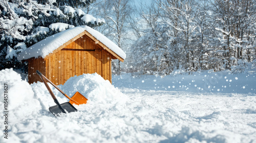 Wallpaper Mural rustic shed surrounded by winter wonderland, filled with snow and snow removal tools, evokes sense of tranquility and seasonal beauty Torontodigital.ca