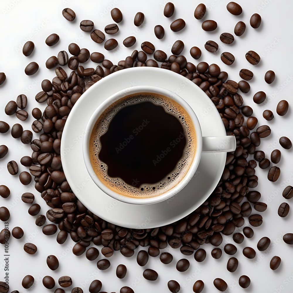 White cup of black coffee on a white saucer, surrounded by scattered coffee beans. White cup of black coffee on a white saucer, surrounded by scattered coffee beans.