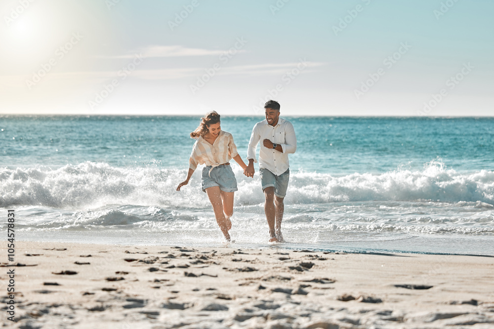 Playing, running or happy couple at sea to travel for love on vacation, adventure or holiday. Holding hands, wellness and people at beach for bonding together for romantic trip on tropical island Playing, running or happy couple at sea to travel for love on vacation, adventure or holiday. Holding hands, wellness and people at beach for bonding together for romantic trip on tropical island