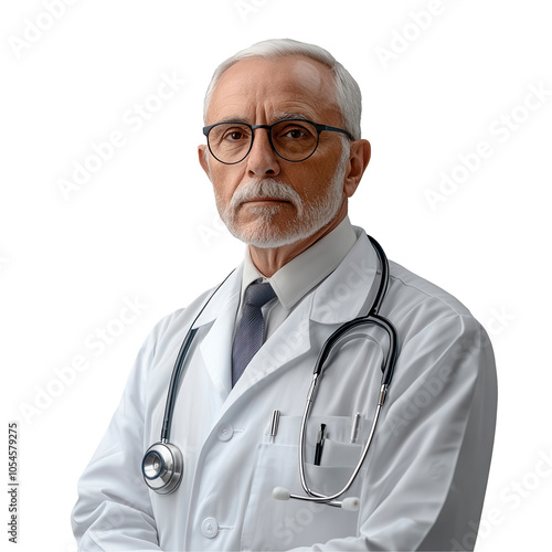 Senior doctor, white coat, stethoscope, serious expression, short white hair, glasses, professional, isolated background Isolated on white background or PNG