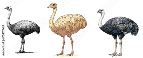 Ostrich Trio Illustration Evolutionary Changes Feathers Nature Study Isolated on white background or PNG photo