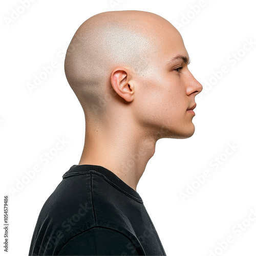 Bald profile portrait, young man, black shirt, clean-shaven head, side view, white background, confident expression Isolated on white background or PNG