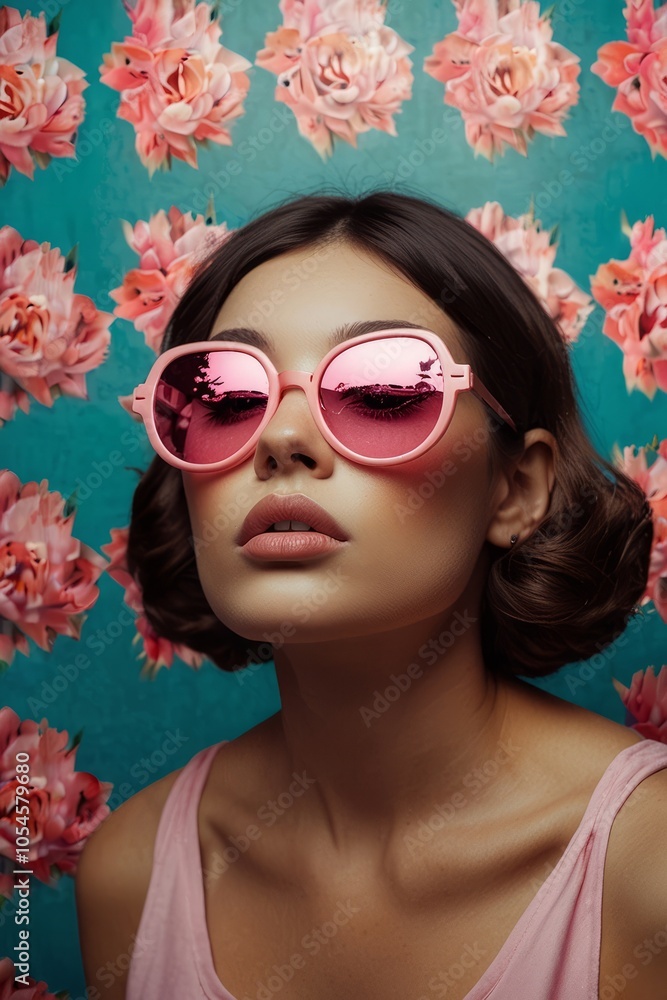 Luxury Fashion Model Portrait with Pink Peonies and Metallic Sunglasses Luxury Fashion Model Portrait with Pink Peonies and Metallic Sunglasses