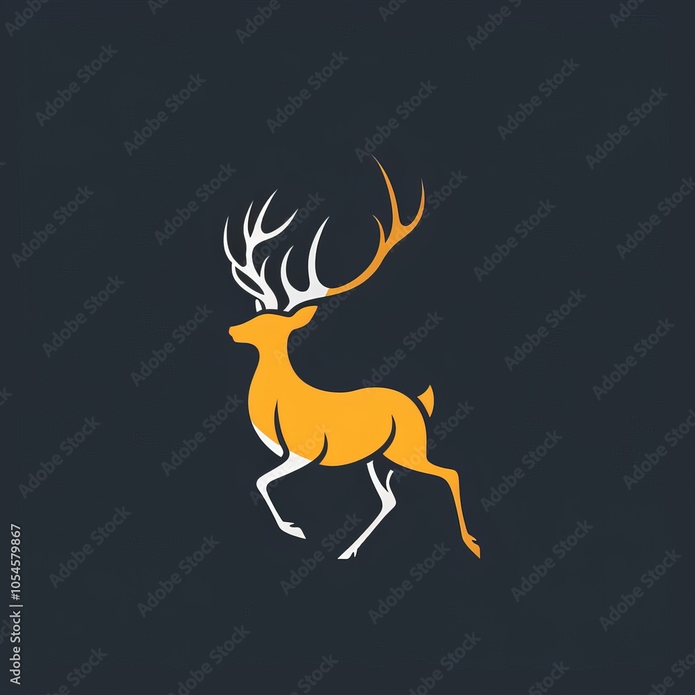 Fototapeta premium Stylized illustration of a golden deer with white antlers against a dark blue background.