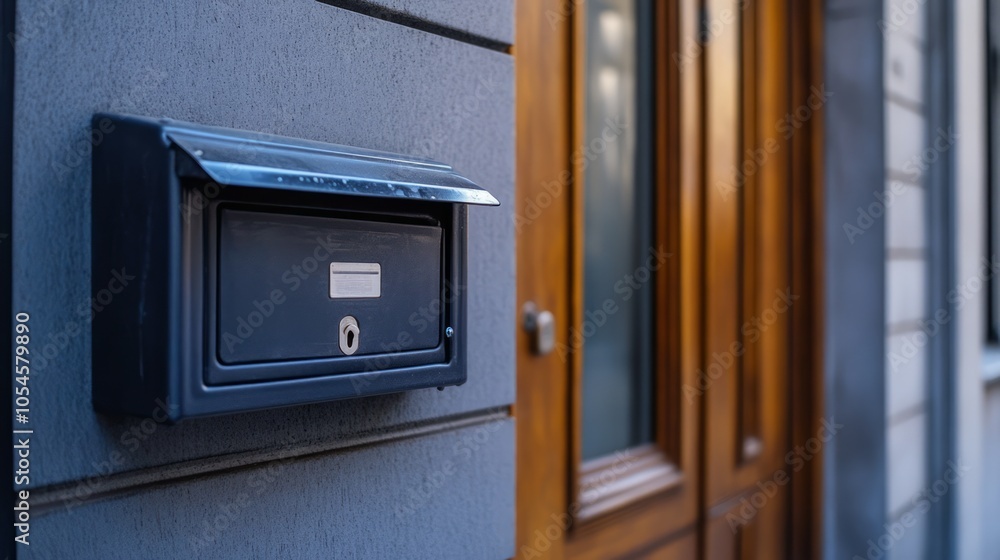 Stylish Black Mailbox on a Modern Building Exterior Stylish Black Mailbox on a Modern Building Exterior