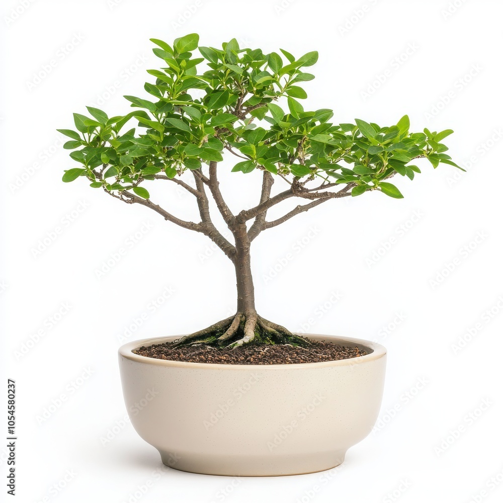Obraz premium Bonsai tree in white ceramic pot, isolated on white background.