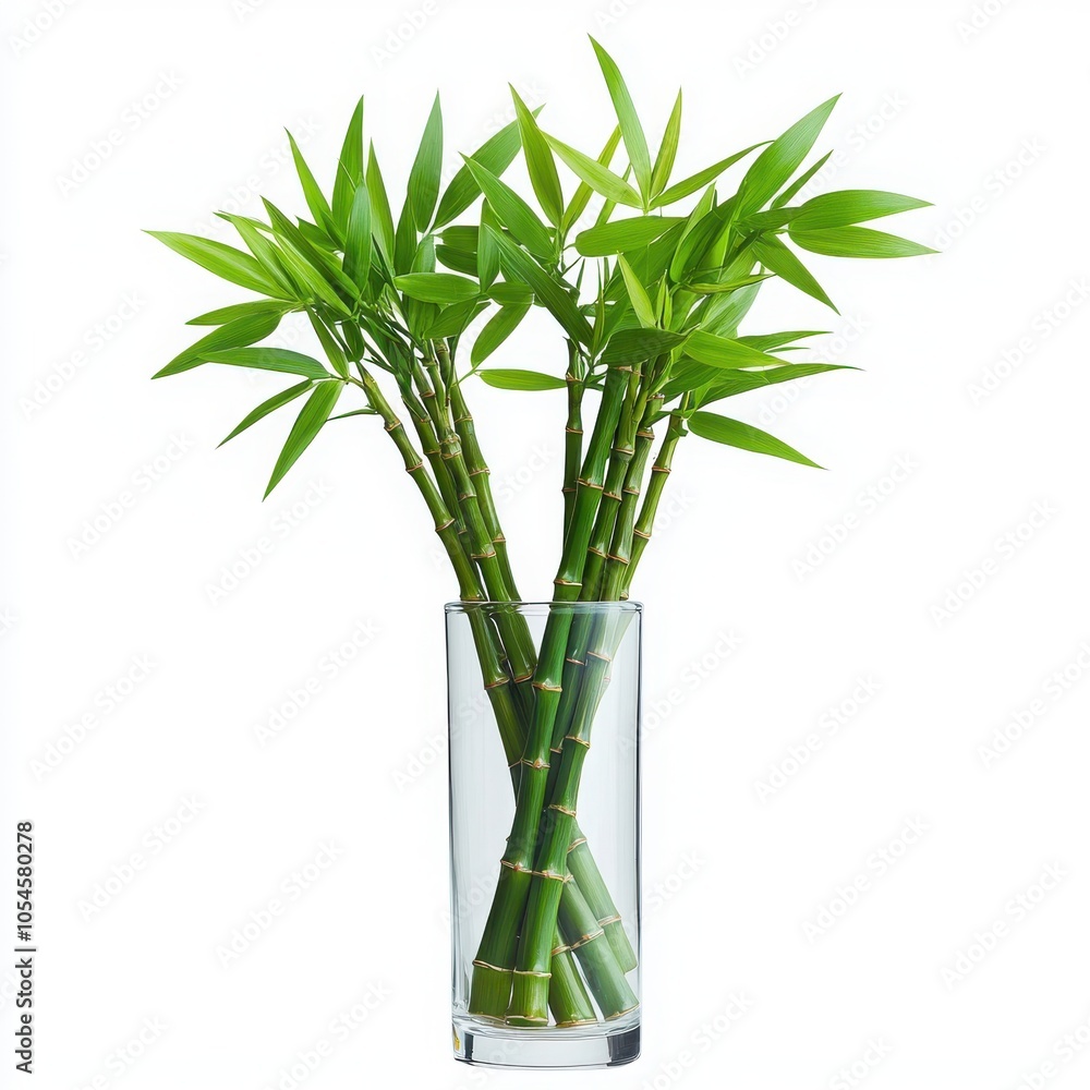 Obraz premium Fresh bamboo stems in a clear glass vase, vibrant green against a white background.