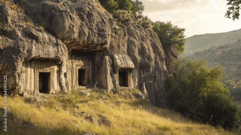 Ancient Rock-Cut Tombs at Sunset in a Serene Landscape Ancient Rock-Cut Tombs at Sunset in a Serene Landscape