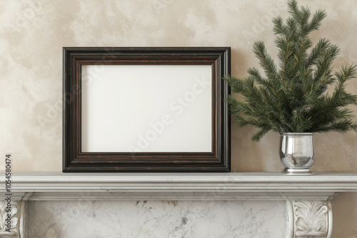 Wooden mock up frame on a mantelpiece decorated with candles and decorative pine tree