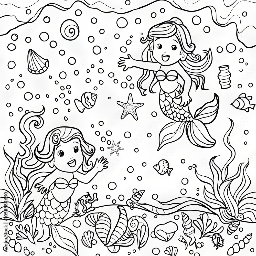 Fototapeta premium Two mermaids swim happily in the ocean, surrounded by bubbles and sea life. This black and white illustration is perfect for coloring.