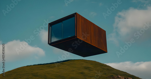 A floating modern structure above a green hill under a blue sky.