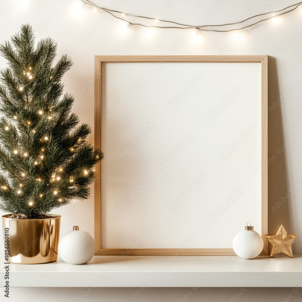 Wooden mock up poster frame on a shelf decorated with small Christmas tree with garland and ornaments Wooden mock up poster frame on a shelf decorated with small Christmas tree with garland and ornaments